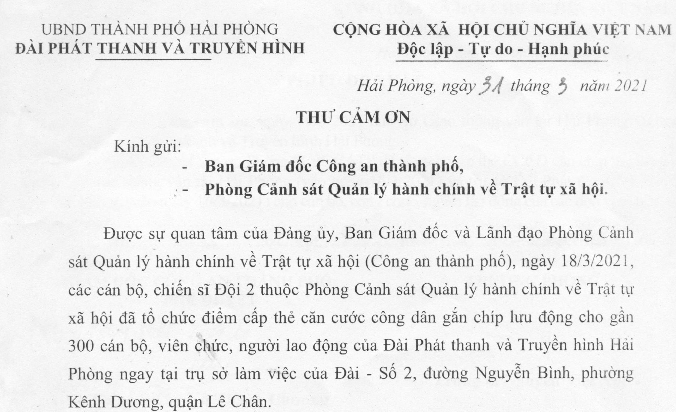 Đài Phát thanh và Truyền hình Hải Phòng gửi thư cảm ơn về việc cấp căn cước công dân gắn chíp điện tử lưu động